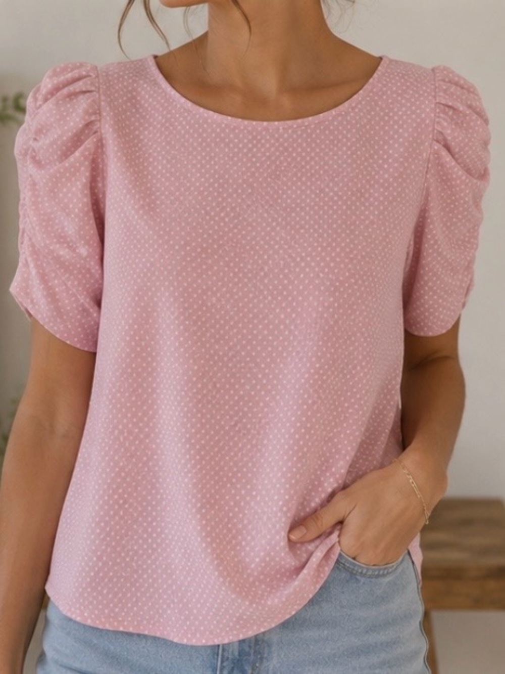 Blush Pink Puff Sleeve Dot Blouse - Picture 2 of 9